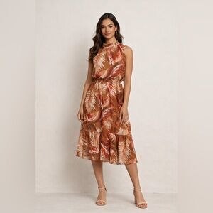 Chic Autumn Leaf Print Midi Dress